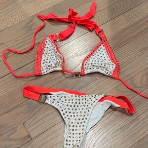 Studded White & Red Triangle Bikini Top and Bottom Set